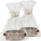 Empty Gift Basket Kit, 2-Pack Woven Storage Bin with Leather Handles Clear Cello Bags Pull Bows for Wrapping Presents Baby Shower Holiday - Image 3