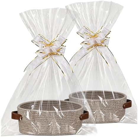 Empty Gift Basket Kit, 2-Pack Woven Storage Bin with Leather Handles Clear Cello Bags Pull Bows for Wrapping Presents Baby Shower Holiday - Image 3