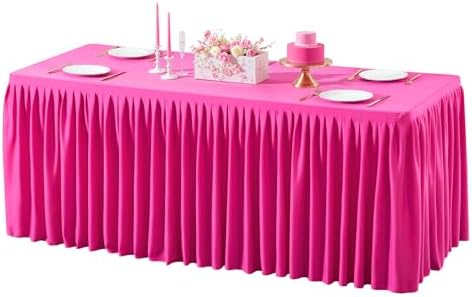 Wish Care Hot Pink Polyester Table Clothes for 8 Foot Rectangle Tables, Wrinkle Free Fitted Table Cover with Pleated Ruffle Table Skirt for Birthday Party Wedding Trade Show Event Display by WishCare