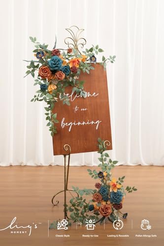 Ling's moment Welcome Sign Flowers, Wedding Floral Swag Burnt Orange & Teal - Image 2