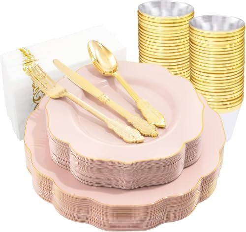 NOCCUR 175PCS Pink Plates with Gold Disposable Silverware - Include 50 Pink Plastic Plates,25 Knives,25 Forks,25 Spoons,25 Cups and 25 Napkins - Ideal for Party/Wedding/Banquet/Baby Shower (Pack of 2) by NOCCUR