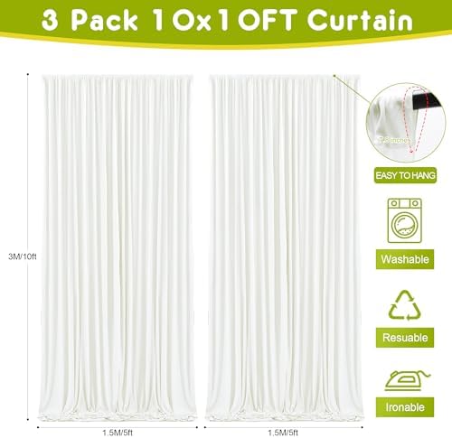 Wokceer Ivory Backdrop Curtain for Parties Backdrop Drapes, 3Pack 10x10FT - Image 2