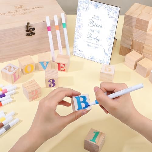 114Pcs Baby Shower Blocks Game Kit, 52 Wooden Blocks, 24 Paint Markers - Image 6