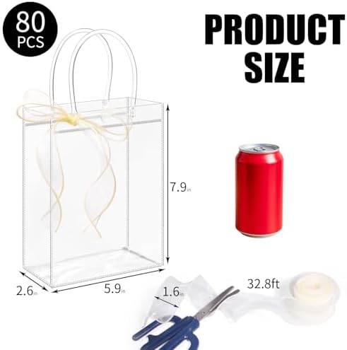 WDSHCR 80 PCS Clear Plastic Gift Bags with Handles, Party Favor Bags with Ribbons, Reusable Goodie Tote Bags for Wedding, Baby Shower, Birthday (Clear 5.9 x 7.8 x 2.8, 80 Pack) - Image 2