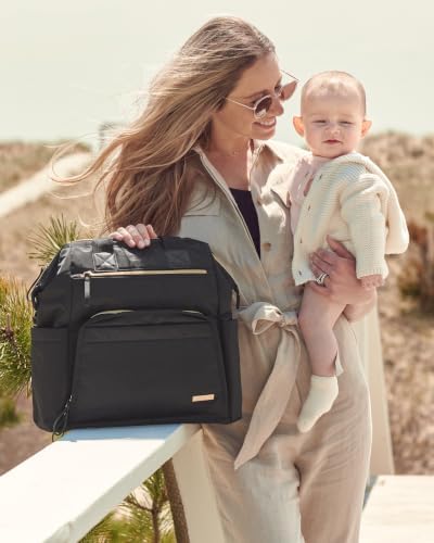 Skip Hop Diaper Bag Backpack: Mainframe Large Capacity Wide Open Structure with Changing Pad & Stroller Attachement, Black with Gold Trim - Image 2
