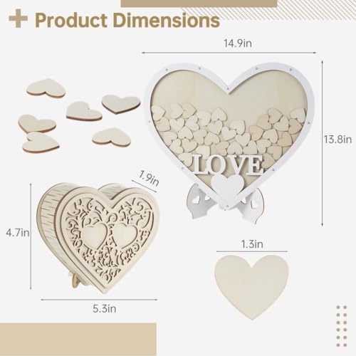 Wedding Guest Book Alternative, Drop Top Frame Sign Book with 65 Pcs Wooden Hearts, Wedding Guest Book for Anniversary, Rustic Wedding Decorations, Heart Photo Frame Display - Image 2