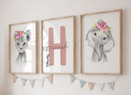 Personalized Safari Nursery Wall Art Set – Custom Name Jungle Animal Prints – Baby Girl Room Decor Pictures Pink Floral Accents – Baby Shower Posters for Girls - Unframed (Personalized Set of 3, 13x19) - Image 3