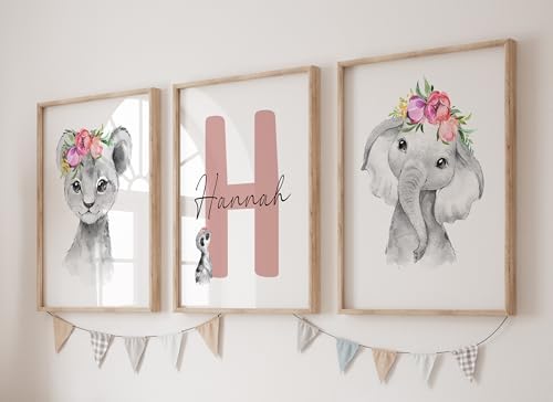 Personalized Safari Nursery Wall Art Set – Custom Name Jungle Animal Prints – Baby Girl Room Decor Pictures Pink Floral Accents – Baby Shower Posters for Girls - Unframed (Personalized Set of 3, 13x19) - Image 3