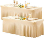 Wish Care 2 Pack Champagne Spandex Table Clothes for 8 Foot Rectangle Tables, 8FT Wrinkle Free Fitted Tablecloths Ruffles Design Table Cover for Party, Banquet, Wedding and Events by WishCare