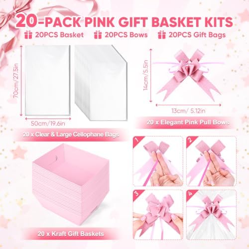 AFOROEOA 20PACK Pink Baskets For Gifts Empty, 10 x 8” Thick Paper Basket with 20 Clear Bags and 20 Pink Bows, Empty Gift Baskets for Baby Shower Valentine Bridal Birthday Party Bulk Wrapping - Image 3