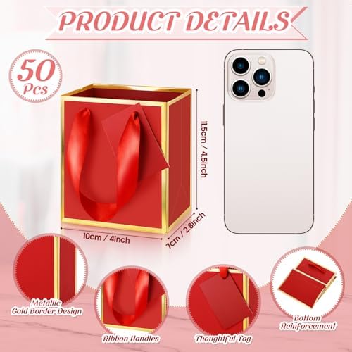 Yeaqee 50 Pcs Mini Paper Gift Bags with Handles Tag, Red, Gold - Image 2
