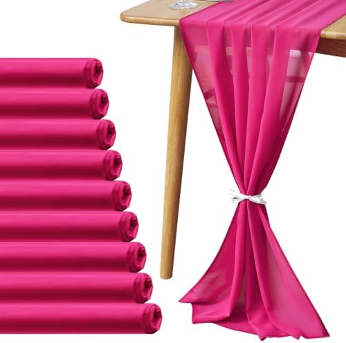 Pufogu 10 Pack 10Ft Hot Pink Chiffon Table Runner Sheer 29x120 Inch by Pufogu