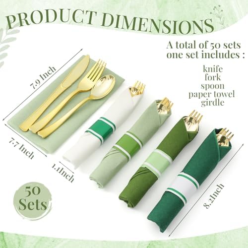 Lasnten 50 Pcs Pre-rolled Gold Cutlery Set with Napkins Green - Image 2