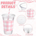 Funnymoom 50 Sets 20 oz Pink Gingham Plastic Cups with Lids & Paper Straws - Image 2