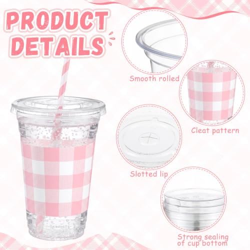 Funnymoom 50 Sets 20 oz Pink Gingham Plastic Cups with Lids & Paper Straws - Image 2