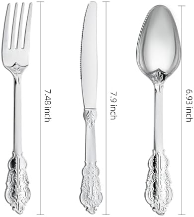N9R 300PCS Silver Plastic Silverware, Vintage Disposable Utensils & Cutlery - Image 2