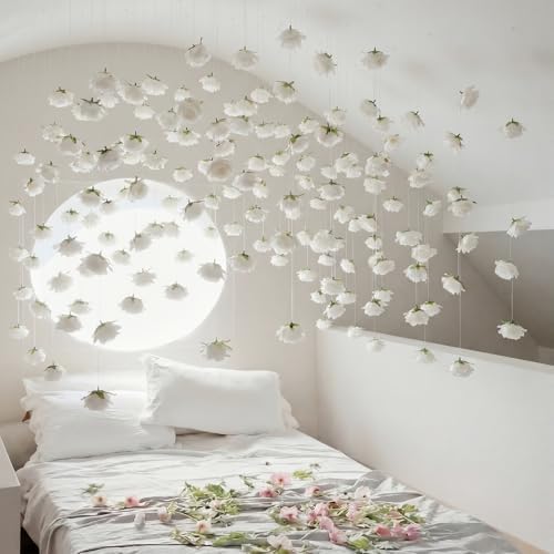 Suncalla 42 Pcs Artificial Rose Peony Flower Garlands Hanging Decor Backdrop Each 39.4inch Silk Floral Garland Peony Floral Celling for Wedding Party Background Birthday Baby Shower Home Garden(White) - Image 3
