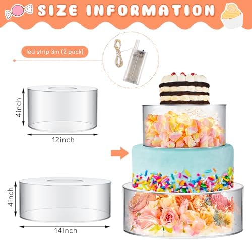 Sunnyray 2 Pcs Acrylic Cake Stands for Dessert Table Clear Fillable Cake Riser Cupcake Tier with LED Strings for Birthday Wedding Holiday Party Display(12'', 14'') - Image 2