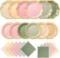144 Pcs 48 Guests Sage Green and Pink Paper Plate and Napkin Party Supplies by Skybooly