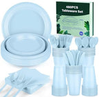 Kochorie 480 Pieces Light Blue Plastic Dinnerware Set Disposable Heavy Duty Plates Napkins Cups Silverware Dessert Dinner Plates for Birthday Wedding Baby Shower Party Supplies, Serves 60 Guests - Image 4