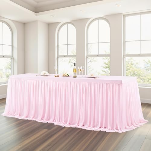 Wish Care Pink Tulle Tablecloth for 8 Foot Rectangle Tables Stretch Ruffle Table Cloths Tutu Desk Skirt 8ft Wrinkle Free Spandex Fitted Table Cover for Birthday Wedding Party Banquet Decorations - Image 3