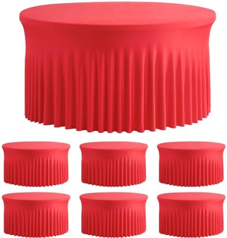 6 Pack Spandex Red Round Tablecloths for 60inch Table, 120in Stretchy Fitted 5ft Tablecloths, Wrinkle Free Round Table Clothes Covers with Skirt for Wedding Birthday Parties Banquet by Htper