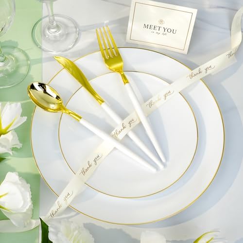 Bestluck 175 Pcs White Gold Plastic Plates,Disposable Dinnerware Set - Image 3