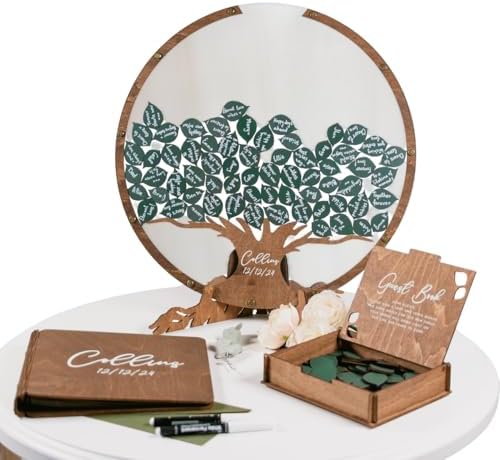 Rustic Guest Book Alternative Set with 100 135 Leaves - Custom Wedding Wooden Family Signing Tree Guest Book - Round Wooden Drop Box Frame - Handcrafted Engraved Wedding Decoration & Keepsake (Green) by 2B1WEDDING