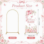 7.2ft Welcome Baby Pink Floral Arch Backdrop Covers Watercolor Butterfly Bow Stretchy Spandex Covers for Girl Baby Shower Gender Reveal Birthday Party Decorations - Image 2