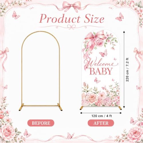 7.2ft Welcome Baby Pink Floral Arch Backdrop Covers Watercolor Butterfly Bow Stretchy Spandex Covers for Girl Baby Shower Gender Reveal Birthday Party Decorations - Image 2