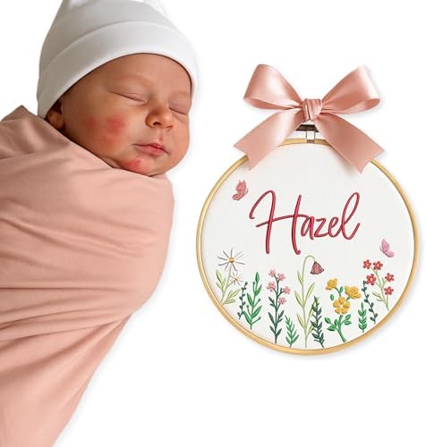 Embroidery Baby Name Sign, Personalized Welcome Baby Hoop Sign with Bow, Custom Baby Name Sign for Hospital, Infant Baby Shower Gifts New Parents (02) by Chikky