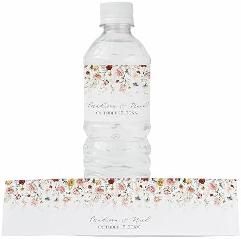 Personalized Water Bottle Labels with Choice of 30 Flower Styles - Choose Font and Pre-Made Phrases or Design Custom Text - LABELS ONLY (012 Muted Colorful Flowers, 2 inch (8.5x2")) by ThePaperedWedding