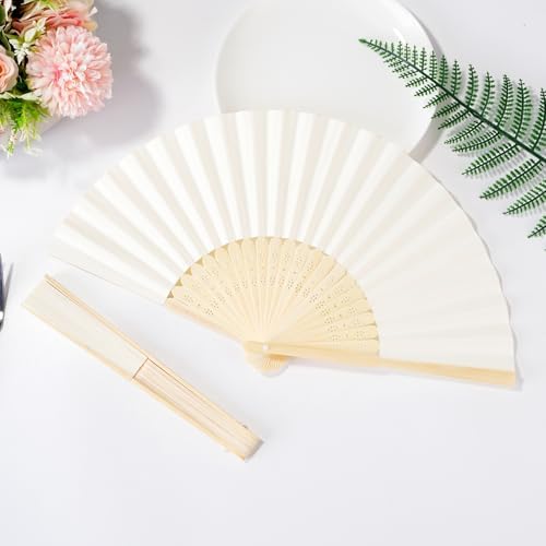 50pcs Cream-Coloured Paper Hand Fan Bamboo Folding fan Handheld Paper Fan - Image 4