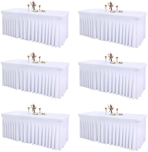 6 Packs White Table Clothes for 6 Foot Rectangle Tables, One-Piece Wrinkle Resistant Stretch Spandex Table Covers with Skirt for Event Banquet Wedding Birthday Party by PartyTalk