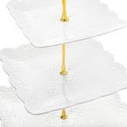 Tebery 2 Pack 3-Tier White Ceramic Embossed Dessert Cake Tower Stand with Gold Carry Handle, Cupcake Stand Serving Trays, Porcelain Party Food Server Display Holder - Image 3