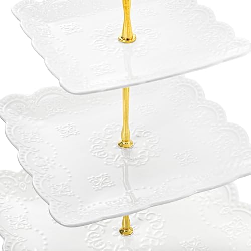 Tebery 2 Pack 3-Tier White Ceramic Embossed Dessert Cake Tower Stand with Gold Carry Handle, Cupcake Stand Serving Trays, Porcelain Party Food Server Display Holder - Image 3