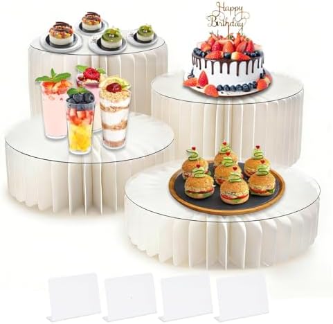 4Pcs Buffet Risers Food Risers for Buffet Table Foldable Cake Display Stands with Mini Table Sign Tall Cardboard Cupcakes Stand for Show Catering Desserts Jewelry Wedding Birthday Party Decoration by Unknown