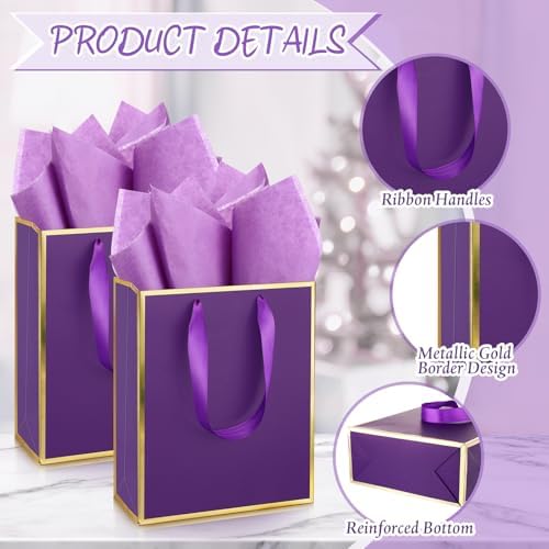 Yeaqee 50 Pcs Metallic Paepr Gift Bags Bulk with Handles,Purple and Gold - Image 3
