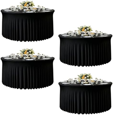 4 Pack 120 Inch Black Cloth Tablecloth for 5 FT Round Tables, Stretchy Fitted Circle Picnic Tables Cloths for Outdoors, Spandex Table Cover with Table Skirt for Wedding Banquet Birthday Party Decor by Creativepartyuniquedecorat