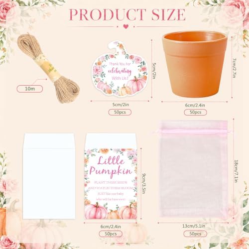 JarThenaAMCS 50 Sets Pink Little Pumpkin Baby Shower Party Favors Fall Planting Gift Set with Mini Pots Seed Packets Organza Bags Thank You Tags for Guests Autumn Thanksgiving Gender Reveal - Image 2