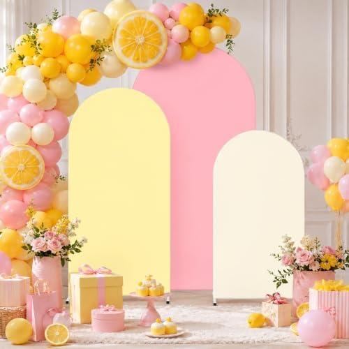 FYSUIMU 3 Pcs Pink Yellow Arch Backdrop Covers Pastel Stretchy Spandex Arch Stand Fabric Cover for Summer Lemon Wedding Birthday Baby Bridal Shower Party Decoration (4ft/5ft/6ft) - Image 5