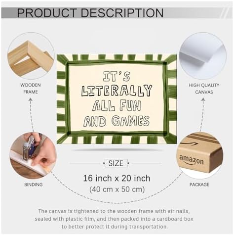 Wrapped Framed 16x20 inch It's Literally All Fun And Games Funny Quotes Wall Art Preppy Minimalist Poster Canvas Prints For Kids Living Room Nursery Bedroom Wall Decor - Image 2