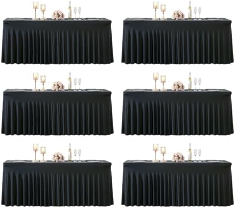 6 Pack 6ft Black Spandex Table Cloths for Rectangle Tables Wrinkle Free Black Rectangle Tablecloths, Stretch Fitted Table Cover with Skirt for Wedding Birthday Party Banquet Baby Shower Buffet Event by Suppromo