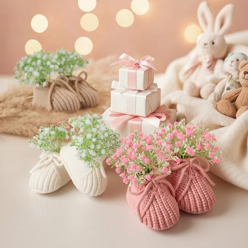 3 Set Baby Shower Booties Table Centerpiece Knitted Booties with Flowers - Image 6