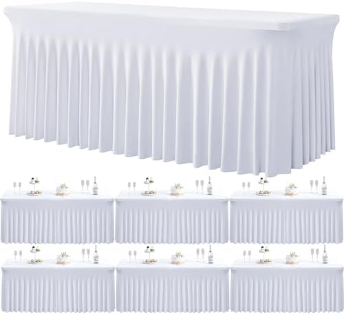 6 Pack Spandex White Table Clothes for 6 Foot Rectangle Tables, Wrinkle Free Stretch Table Cloths 6ft Fitted Tablecover Desk Skirt for Birthday Parties Wedding Banquet Baby Shower by Htper