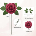 Artificial Flowers Realistic Roses, Real Looking Fake Roses with Stem for DIY Wedding Bouquets Centerpieces Bridal Shower Party Home Romantic Decorations (Wine Red, 100pcs) - Image 2