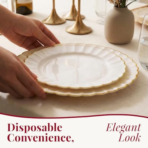By Madee HEAVYWEIGHT Ivory Gold Scalloped Disposable Plates for Party 60 Pc - Image 2