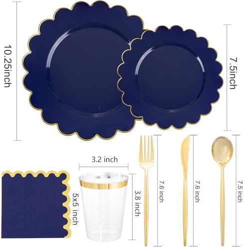 LIYH 210pcs Navy Blue & Gold Scalloped Plastic Plates, Premium Dinnerware - Image 2