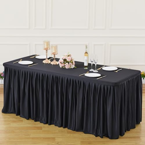 Wish Care Black Polyester Table Clothes for 4 Foot Rectangle Tables, Wrinkle Free Fitted Table Cover with Pleated Ruffle Table Skirt for Birthday Party Wedding Trade Show Event Display - Image 3