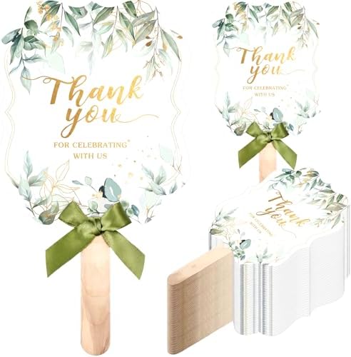 Huwena 50 Sets Wedding Fans for Guests Handheld Fans, Green, Leaf by Huwena